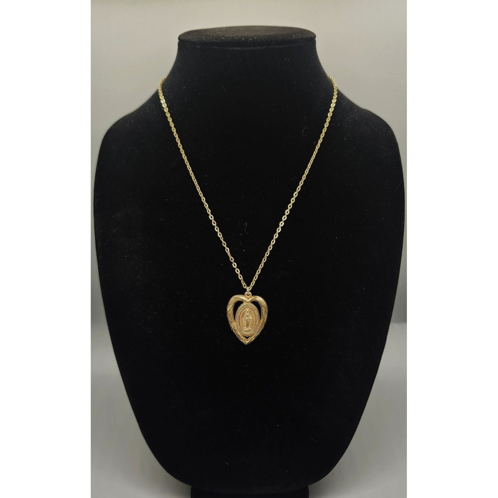 Gold Tone Heart Miraculous Medal Pendant Necklace Devotional Religious
